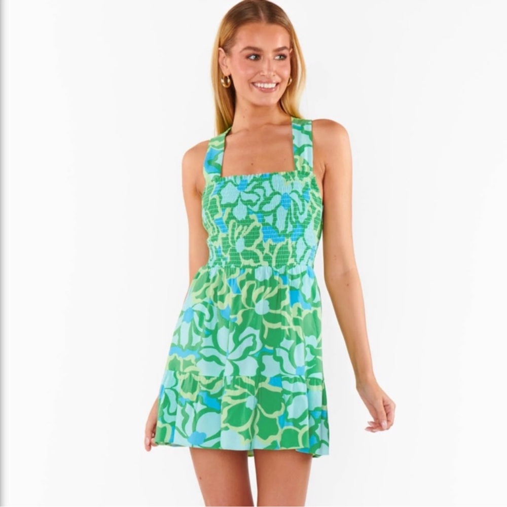 Show Me Your MuMu Green & Light Blue Floral Smocked Mini Dress